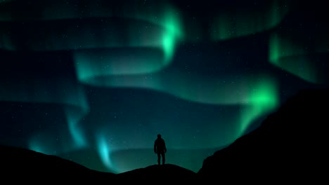 Aurora-Borealis-Grün-Fluor-Nordlichter-Und-Silhouette-Mann-Beobachten